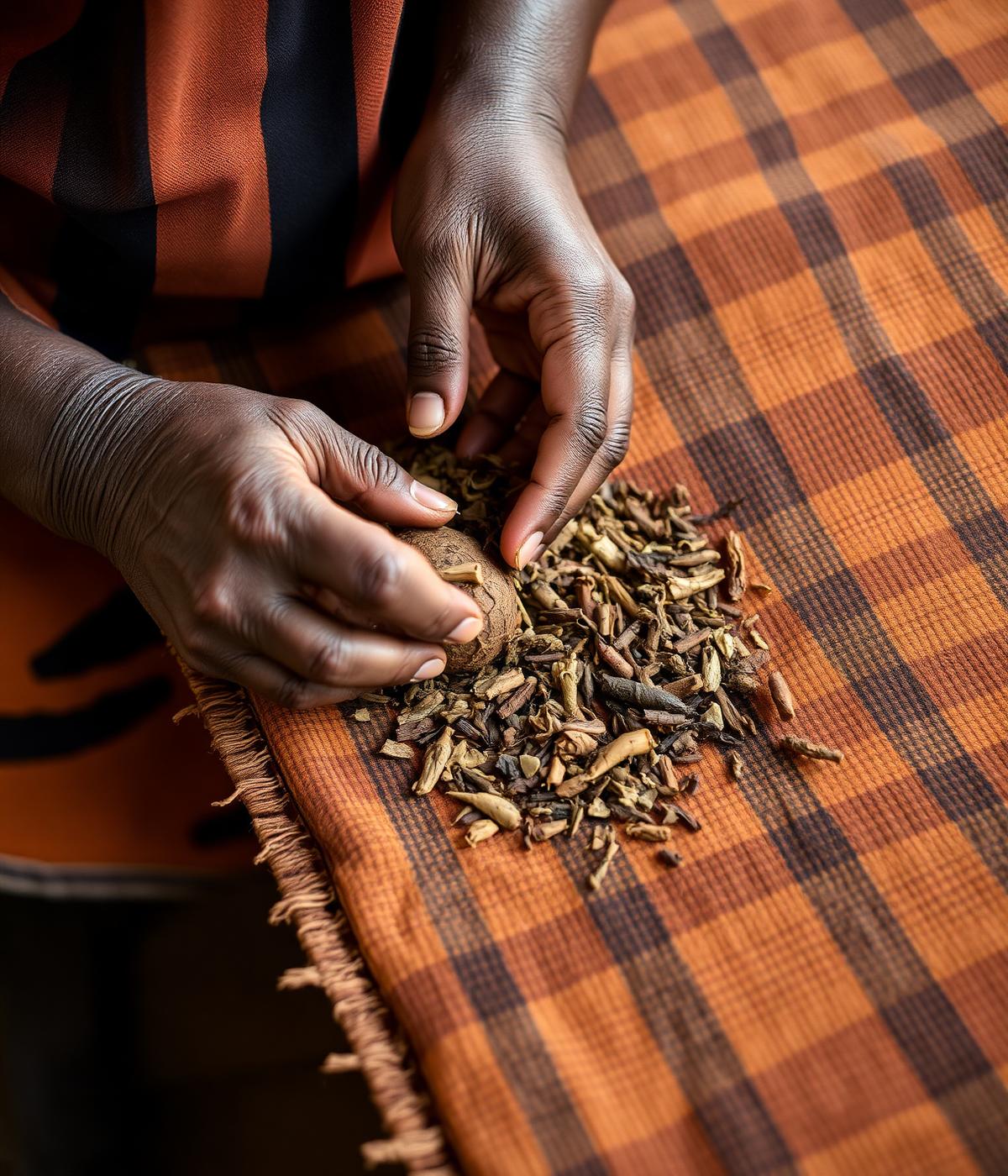 Hands sorting dried herbs on bogolan textile
